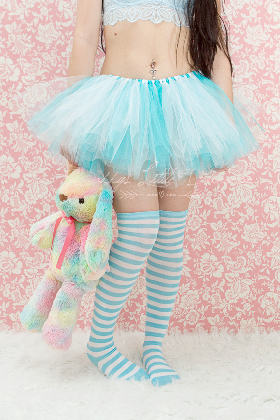 Cute DDLG Knee Socks - Blue Aqua Teal DADDY'S GIRL Lolita Stripe Tall Over Knee Thigh High Socks for Cosplay, Kawaii bdsm, abdl