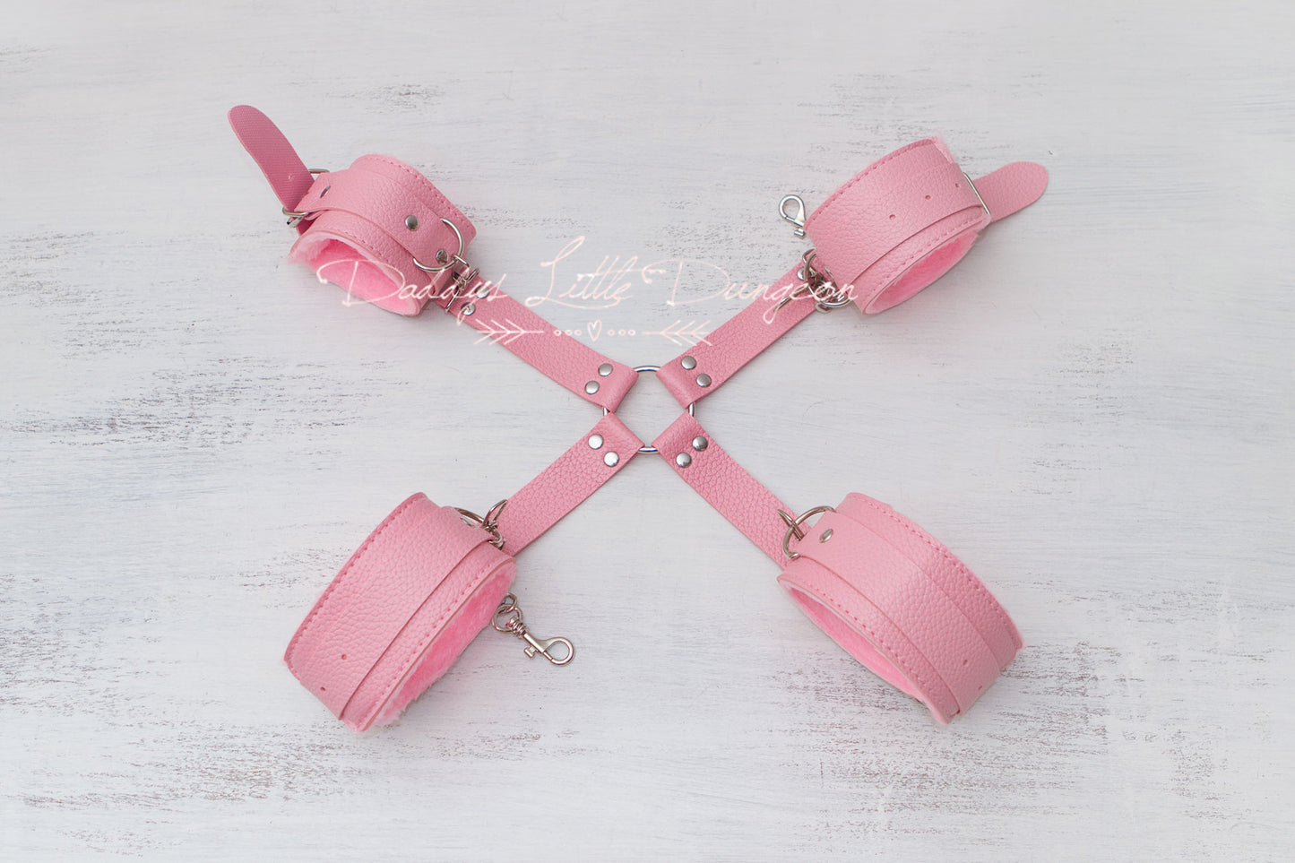Pink BDSM Bondage Set ~ Hogtie Restraints ~ Fuzzy Handcuffs, Fur Ankle Cuffs & Harness ~ Kinky Sex Toys Fetish ~ mature
