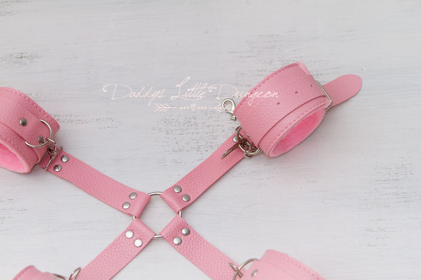 Pink BDSM Bondage Set ~ Hogtie Restraints ~ Fuzzy Handcuffs, Fur Ankle Cuffs & Harness ~ Kinky Sex Toys Fetish ~ mature