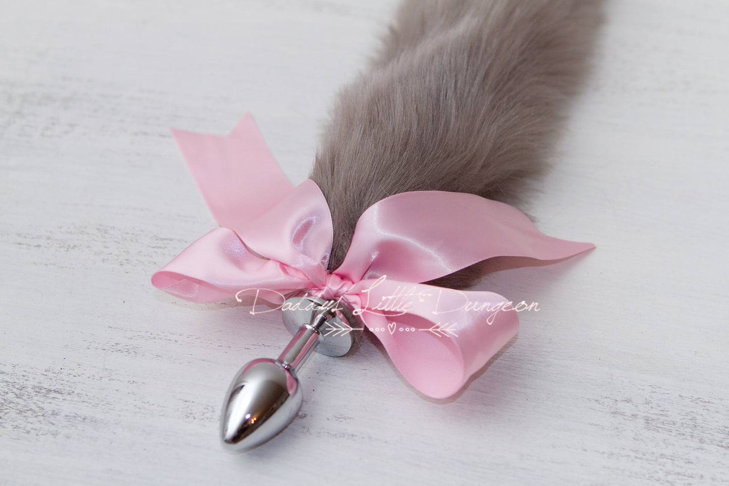 Cute gray and pink DDLG butt plug fox tail for anal, BDSM sex toys, Kawaii cosplay, Femdom sissy plug, petplay and pet play.