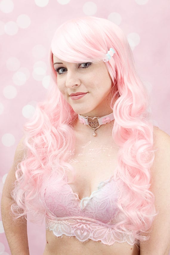 BDSM DDLG Pink Pearl Daddy's Girl Heart Day Collar Lolita Choker Satin Bows Kitty Submissive Little Baby Kitten Pet Play Petplay ABDL mature