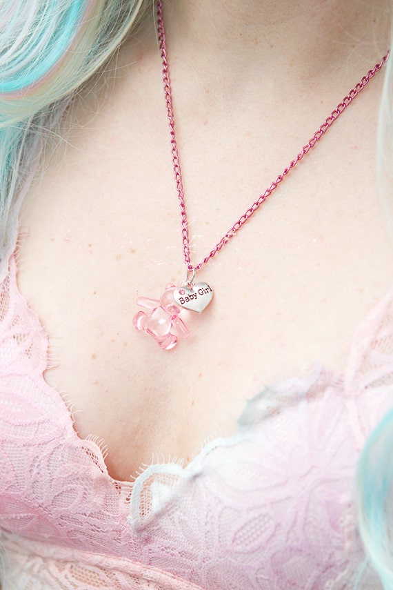 ABDL DDLG Pink Rhinestone Baby Girl Stuffie Teddy Bear Charm Necklace Lolita Daddy's Little Princess Gummy Sissy BDSM Jewelry Kawaii Goth