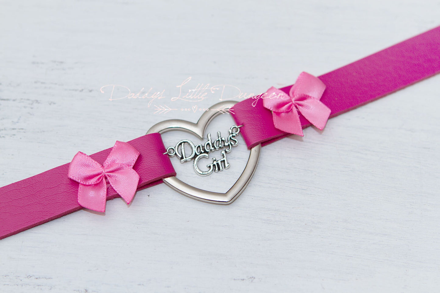 BDSM DDLG Hot Pink Daddy's Girl Charm Heart Day Collar Lolita Choker Satin Bows Pet Play Kitty Sub Little Baby Kitten Petplay ABDL mature