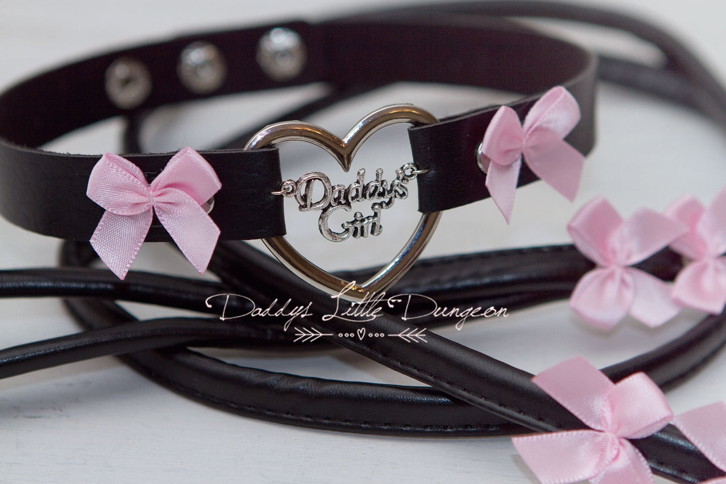 DDLG Pretty Black Pink BDSM Bondage Collar & Leash Set Bows Submissive Master Girly Sissy Daddys Little Girl Kawaii ABDL mature Baby mommy