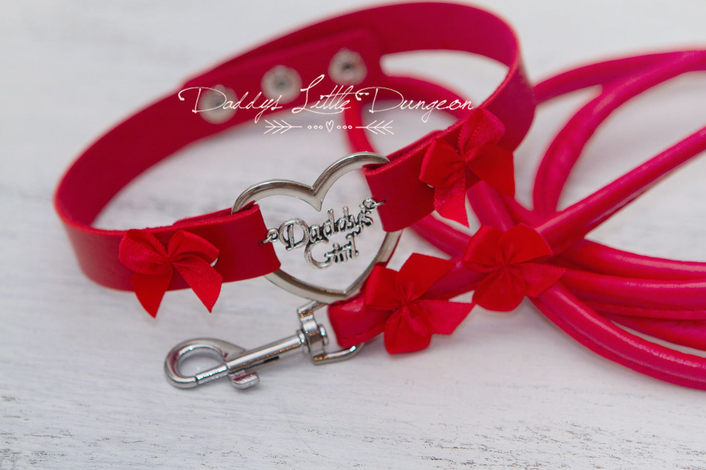 DDLG Pretty Red BDSM Bondage Collar & Leash Set Bows Submissive Master Girly Sissy Daddys Little Girl Kawaii ABDL mature Baby mommy kitten