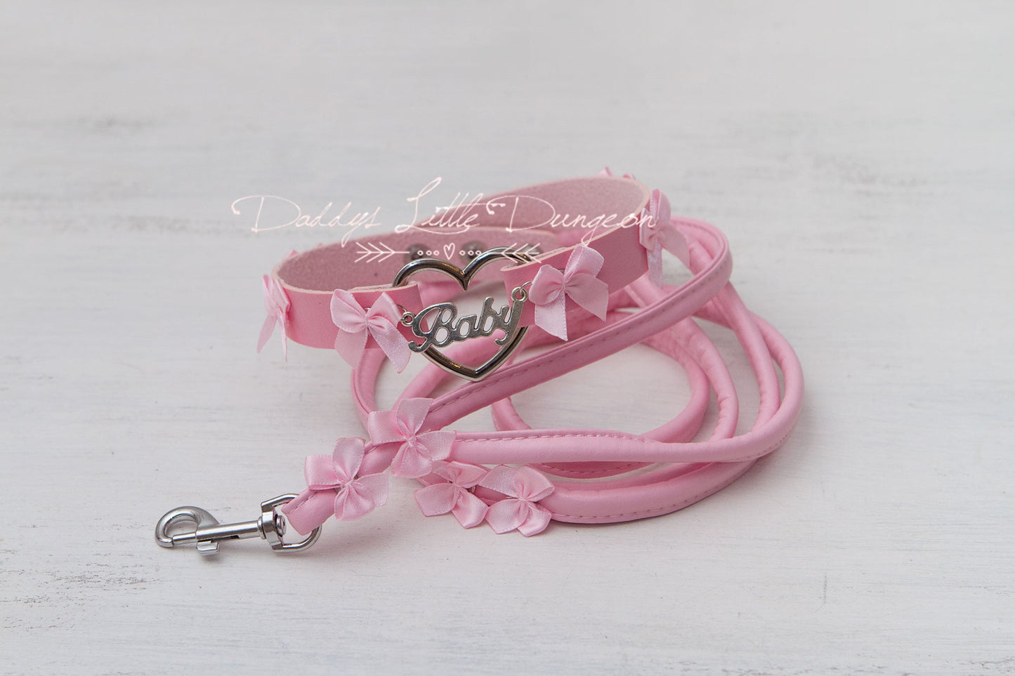 DDLG Pretty Pink BABY bdsm Bondage Collar & Leash Set Bows Submissive Master Girly Sub Sissy Daddys Little Girl Kawaii ABDL mature mommy