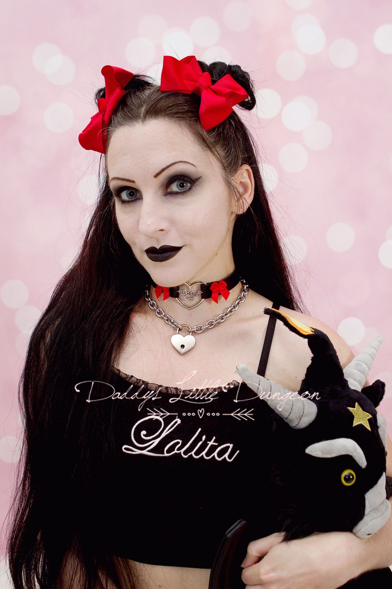 DDLG Pretty Gothic Heart and Bow BDSM Bondage Collar & Leash Set - Sub Lolita Master Sissy Daddy's Little Girl ABDL mature Baby mommy's mdlg