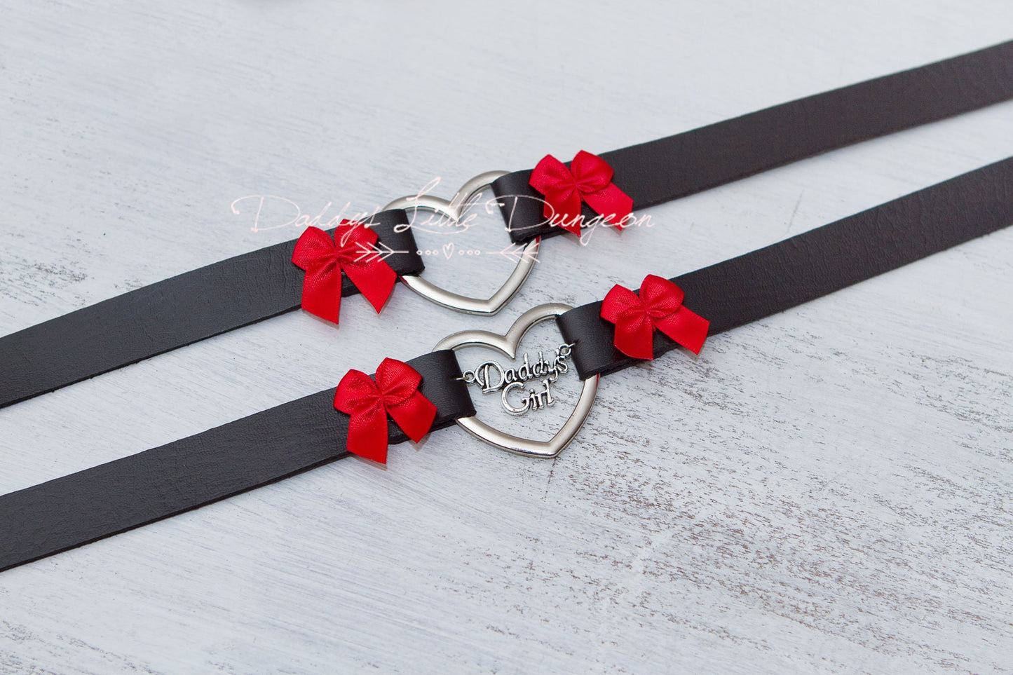 DDLG Pretty Gothic Heart and Bow BDSM Bondage Collar & Leash Set - Sub Lolita Master Sissy Daddy's Little Girl ABDL mature Baby mommy's mdlg