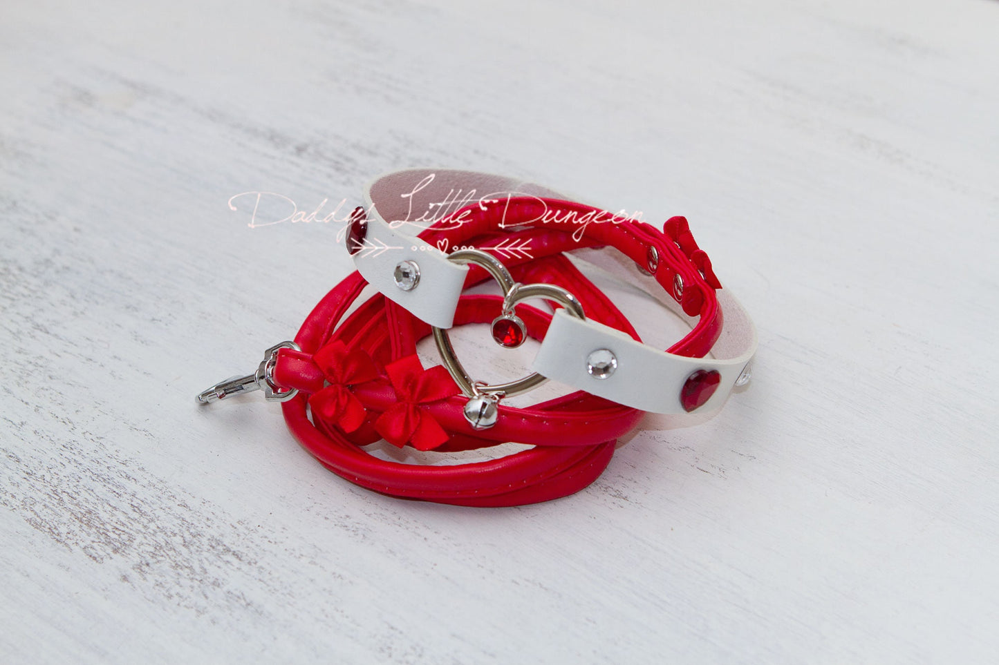 DDLG Pretty Red BDSM Bondage Collar & Leash Set Satin Bows Sub Master Girly Sub Sissy Daddys Little Baby Girl Kawaii ABDL mature furry
