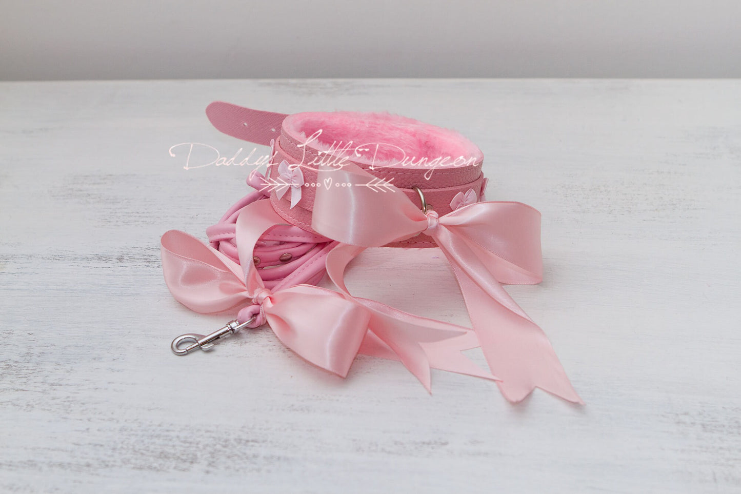 DDLG Pretty Pink Furry BDSM Bondage Collar Leash & Ball Gag Set Satin Bows Sub Master Girly Sub Sissy Daddys Little Girl Kawaii ABDL mature