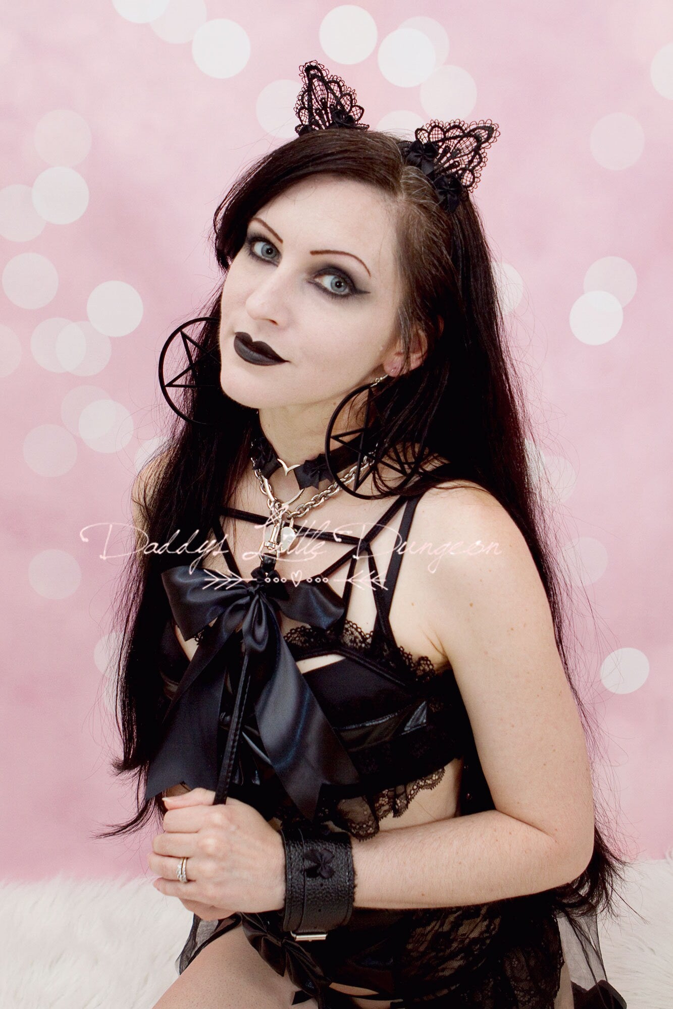DDLG Gothic Black BDSM Leash Satin Bows Submissive Master Kitten Kitty Pet Play Petplay Girly Sub Sissy Daddys Little Girl ABDL mature mommy