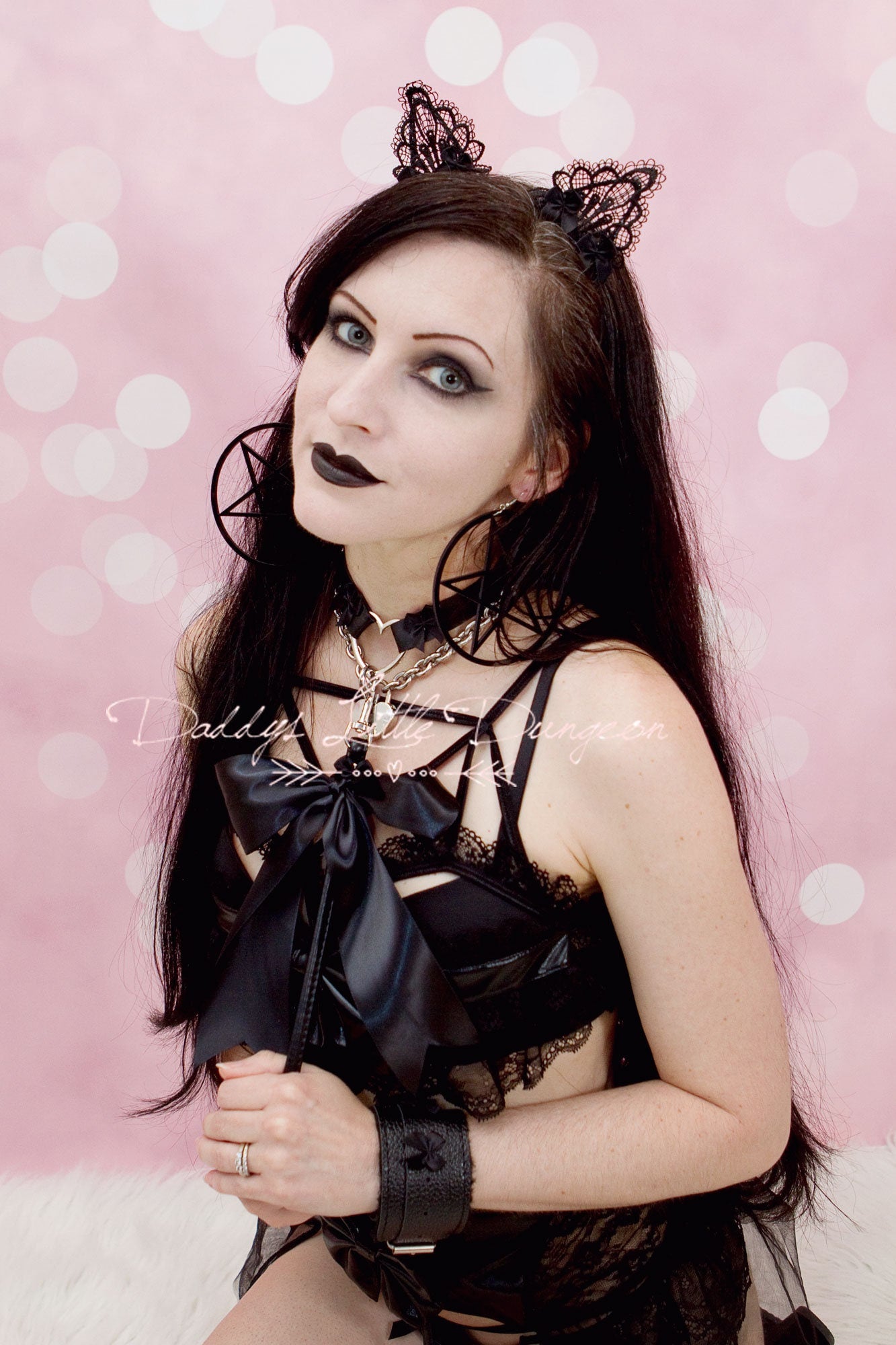 Gothic BDSM Mask - Kitten Fox Ears Black Bows Pet Play Cat Sub Daddys Little Girl Cosplay Petplay Kawaii ABDL Kitty DDLG Fairy Sissy mature