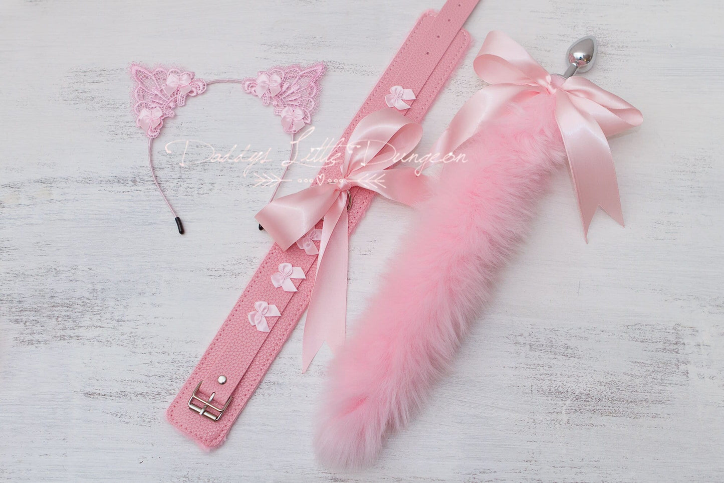 DDLG Princess Pink Pet Play Set - Fox Kitty Ears Collar Anal Butt Plug Tail Puppy Kitten Cat Furry Petplay BDSM sub ABDL brat mature 18+