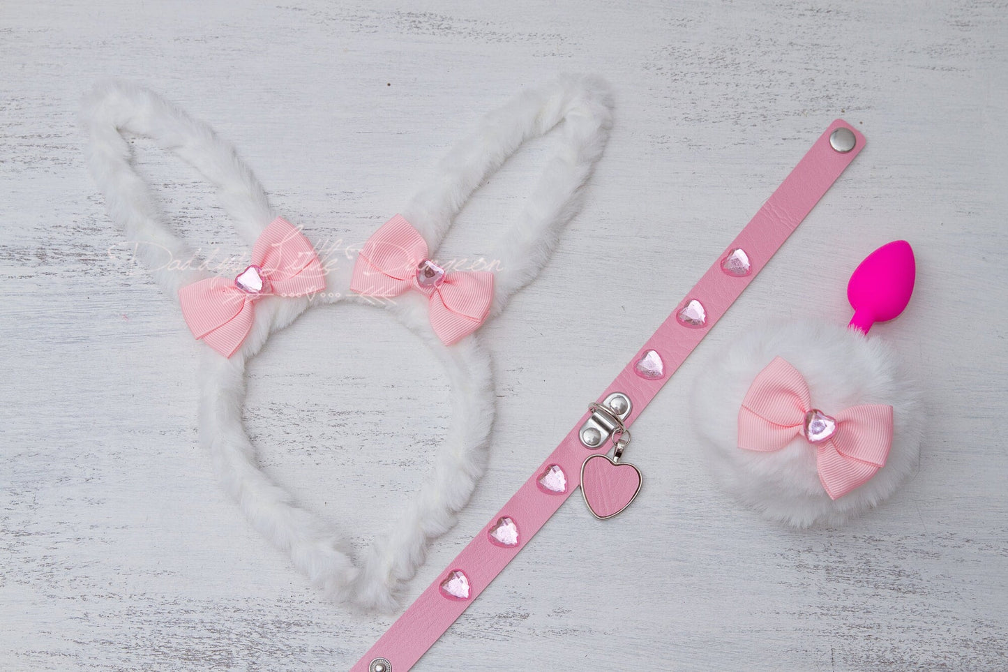 18+ Pretty White Pink Princess Pet Play Set - Bunny Ears, Heart Collar, Anal Butt Plug Rabbit Tail Sex Toy Cosplay Petplay BDSM DDLG mature