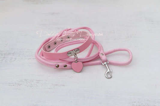 Pink Heart Charm Bondage Collar & Leash Set