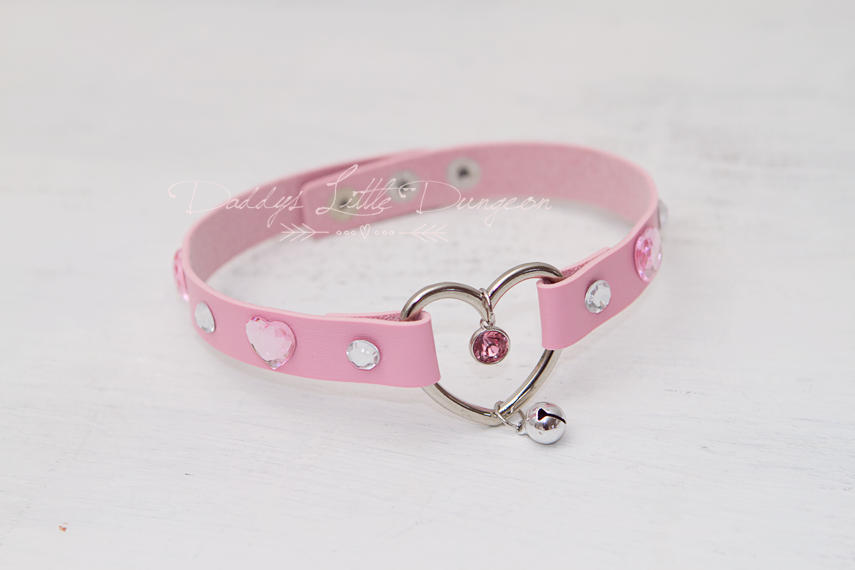 Pink Glam Bling Rhinestone Bell Cat Custom Kitten Heart Day Collar Choker Pet Play Kitty Submissive Daddys Little Girl Cosplay Petplay Sissy