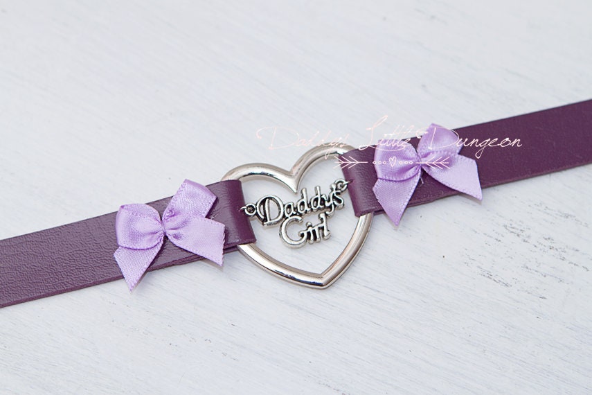BDSM DDLG Purple Daddy's Girl Charm Heart Day Collar Lolita Choker Satin Bows Pet Play Kitty Submissive Little Baby Kitten ABDL mature