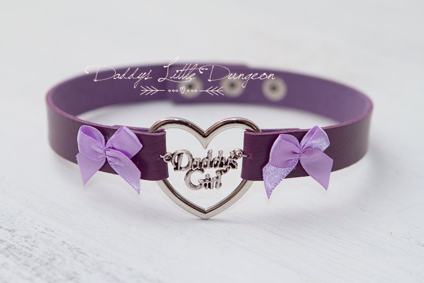 BDSM DDLG Purple Daddy's Girl Charm Heart Day Collar Lolita Choker Satin Bows Pet Play Kitty Submissive Little Baby Kitten ABDL mature