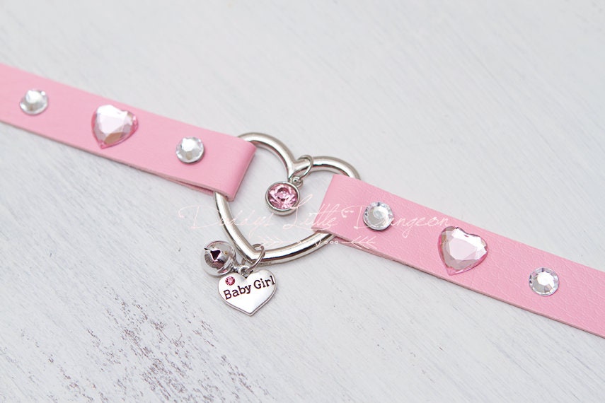 Pink BABY GIRL Glam Bling Bell Cat Custom Kitten BDSM Heart Day Collar Choker Pet Play Kitty Sub Daddys Little Cosplay Petplay Sissy mature