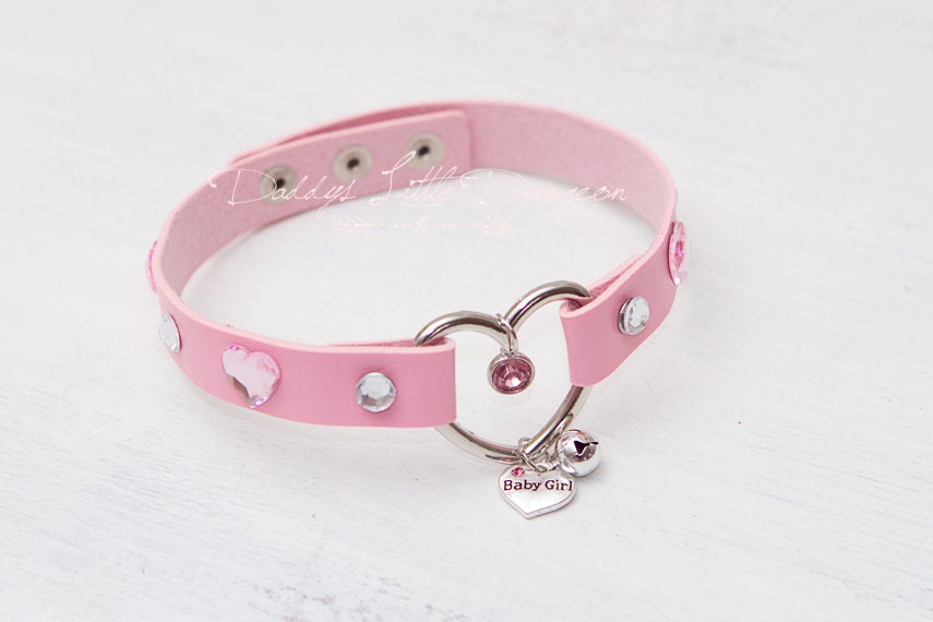 Pink BABY GIRL Glam Bling Bell Cat Custom Kitten BDSM Heart Day Collar Choker Pet Play Kitty Sub Daddys Little Cosplay Petplay Sissy mature