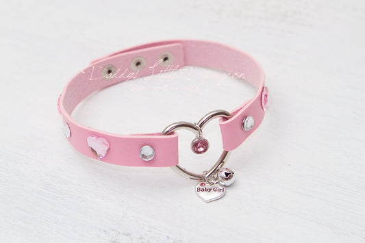 Pink BABY GIRL Glam Bling Bell Cat Custom Kitten BDSM Heart Day Collar Choker Pet Play Kitty Sub Daddys Little Cosplay Petplay Sissy mature