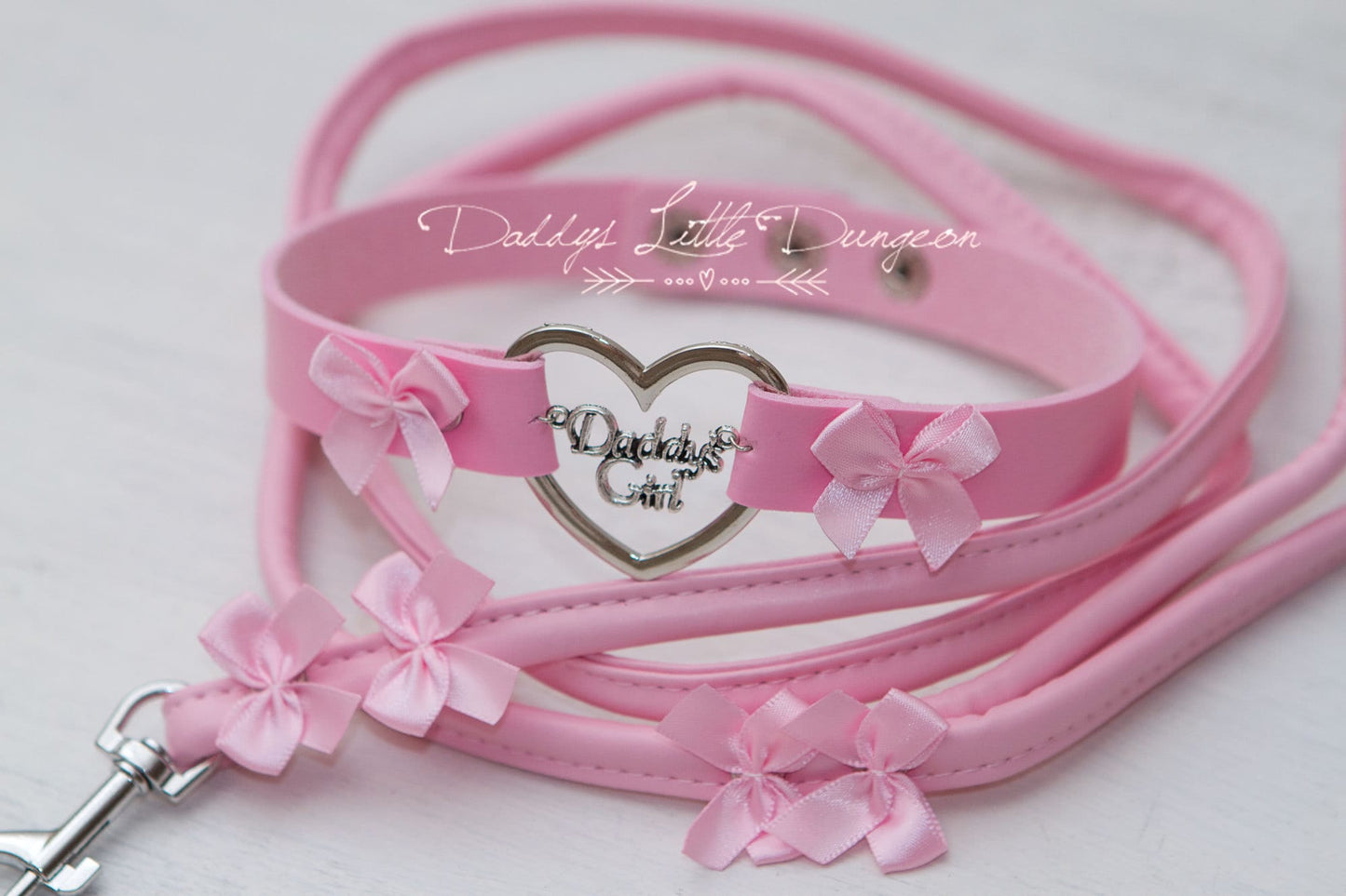 DDLG Pretty Pink Daddys Girl Charm BDSM Bondage Collar & Leash Set with Satin Bows