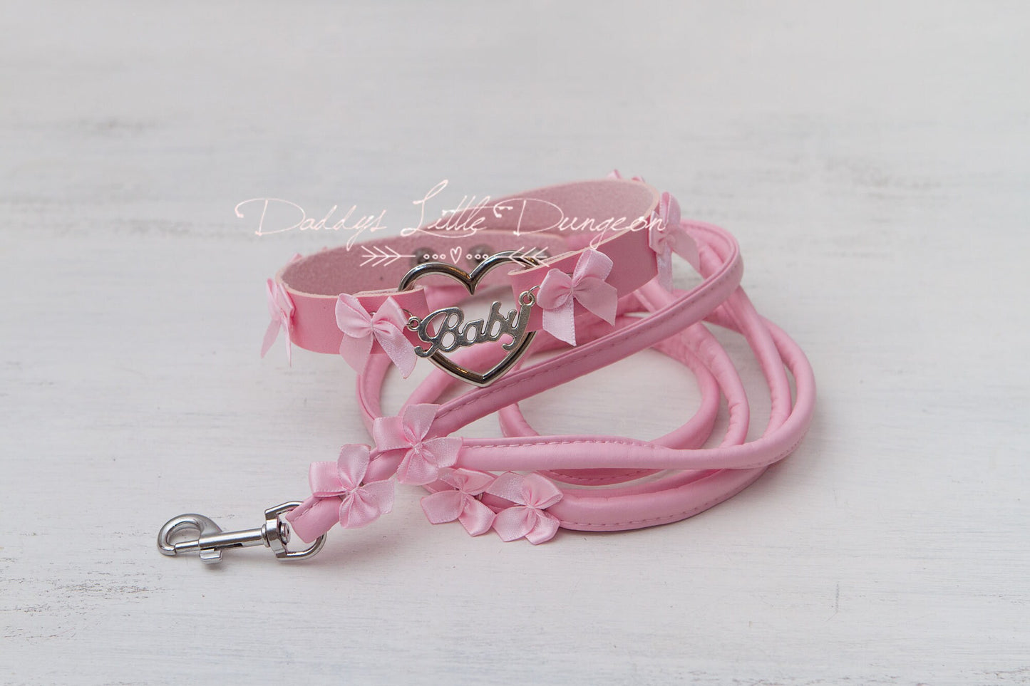 DDLG Pretty Pink BABY Bondage Collar Leash Ball Gag Set Bows Submissive Master Girly Sissy Daddys Little Girl Kawaii ABDL mature bdsm mommy