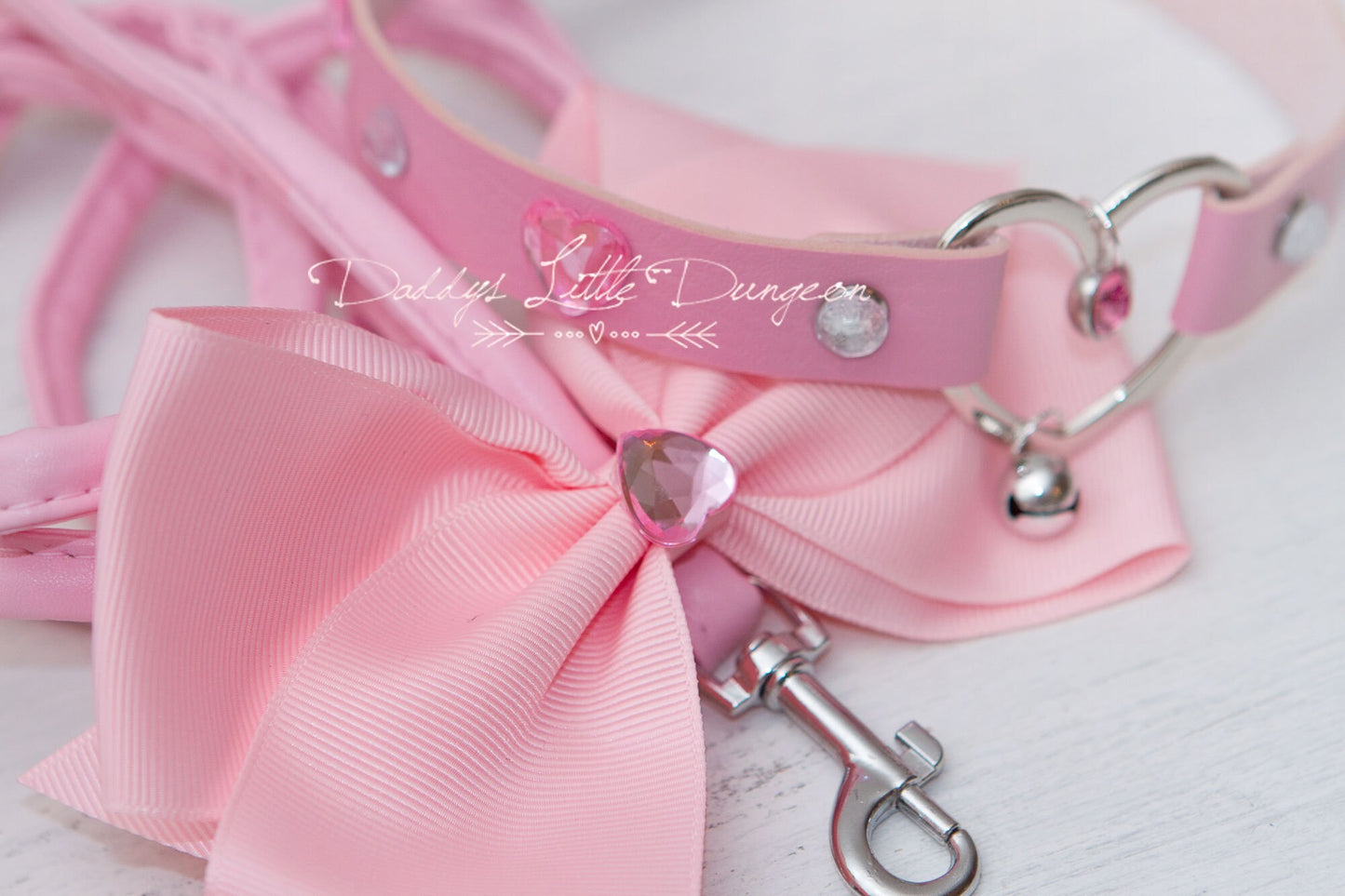 Pink DDLG Princess BDSM Bondage Collar & Leash Set with Heart Gems and Bows for Petplay, Cosplay, Daddys Little Girl, ABDL brat, mature