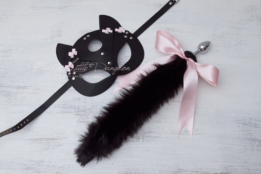Gothic Pet Play Fetish Mask & Butt Plug Set - Fox Tail, Kitty Ears, Collar Leash, Anal Sex Toy Kitten Cat Petplay BDSM ABDL DDLG mature 18+