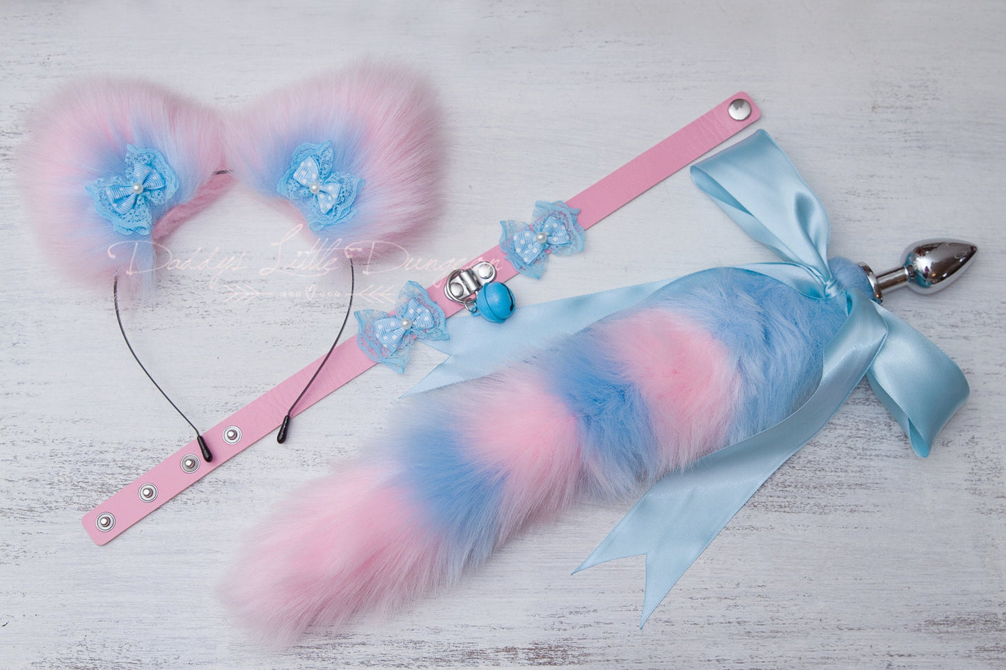 Pretty Pink & Blue Pet Play Set - Big Furry Kitten Ears, Collar, Fox Tail Butt Plug Anal Sex Toy, Cat Cosplay Petplay BDSM DDLG mature 18+